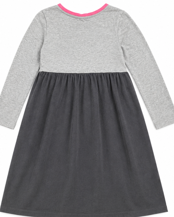 A girls' long-sleeve dress with a heather gray upper bodice and sleeves, a dark charcoal gray skirt, and a bright pink collar trim, shown flat against a white background.