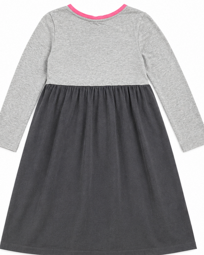 A girls' long-sleeve dress with a heather gray upper bodice and sleeves, a dark charcoal gray skirt, and a bright pink collar trim, shown flat against a white background.