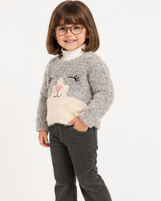 Child wearing a gray sweater with a bunny design and dark pants on a white background