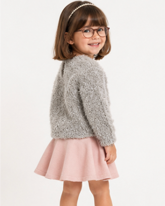 Young girl wearing a fluffy gray sweater and pink skirt on a white background