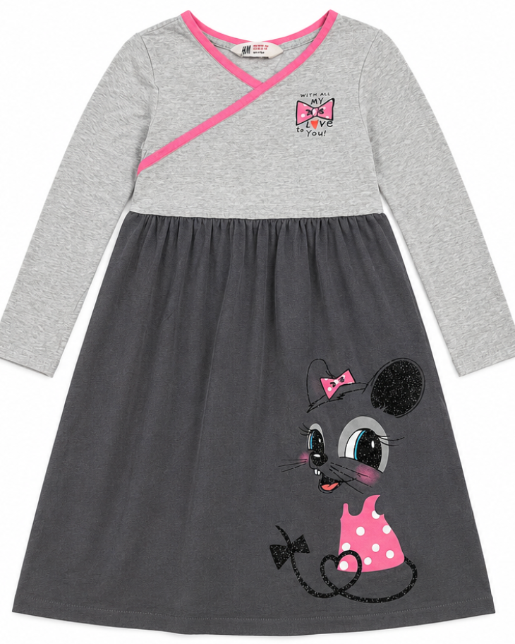 A girls' long-sleeve dress with a heather gray wrap-style top, bright pink trim, and a dark gray skirt featuring a cartoon mouse character with a pink polka-dot bow and dress.