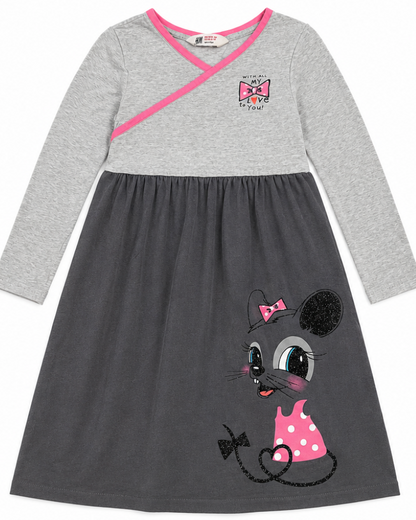 A girls' long-sleeve dress with a heather gray wrap-style top, bright pink trim, and a dark gray skirt featuring a cartoon mouse character with a pink polka-dot bow and dress.