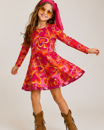 Young girl wearing a vibrant, patterned dress with long sleeves and a headband on a plain background.