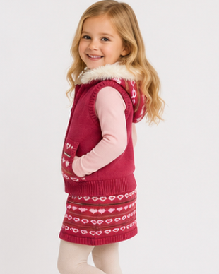 Young girl wearing a red knitted vest with white patterns, pink shirt, white leggings, and brown boots on a white background.