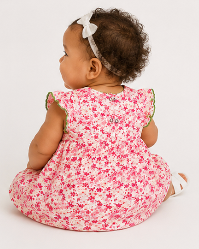 Baby wearing a pink floral dress on a white background