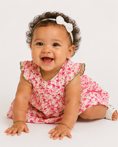 Baby in a floral dress with a white background