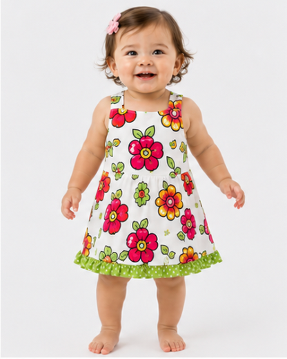 Child wearing a floral dress on a white background