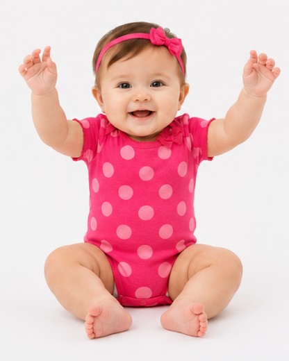 Baby wearing a pink polka dot onesie and headband on a white background
