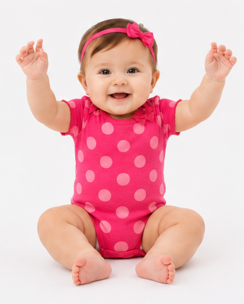 Baby wearing a pink polka dot onesie and headband on a white background