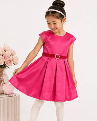 Young girl wearing a pink dress with a red belt on a white background