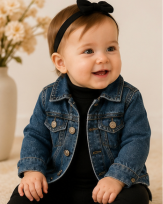 Baby wearing a denim jacket and black tights with a bow headband, sitting on a light-colored surface.