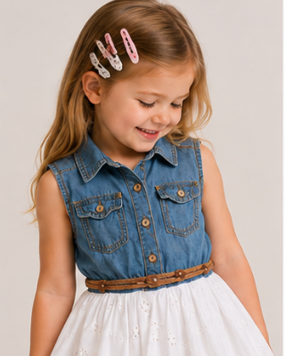 A young girl with blonde hair styled with pink and white hair clips, wearing a sleeveless blue denim shirt dress with a brown belt and a white eyelet skirt, set against a plain light gray background.