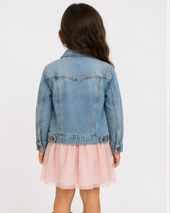 Child wearing a denim jacket, pink dress, and brown boots on a white background