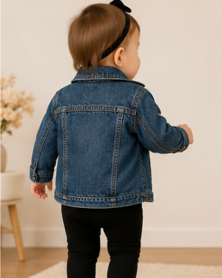 Child wearing a denim jacket in a home setting