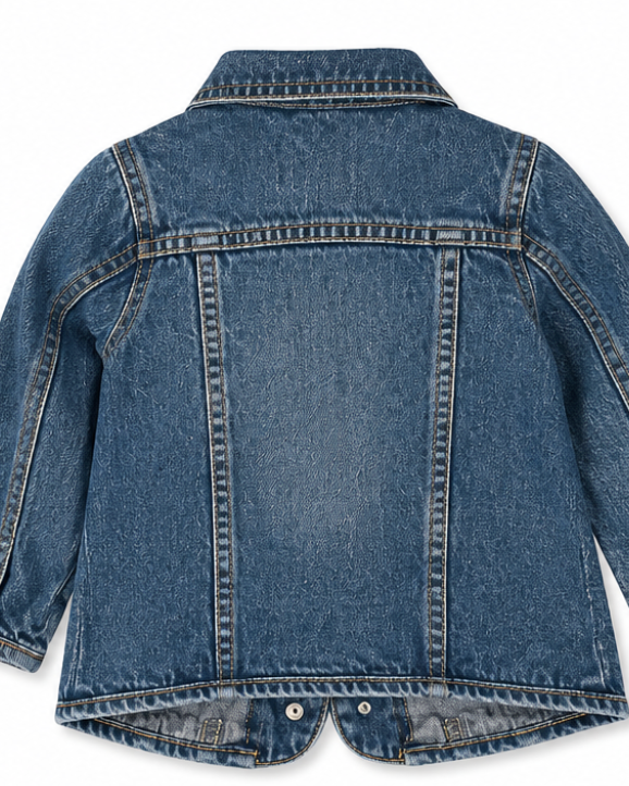 Back view of a blue denim jacket on a white background
