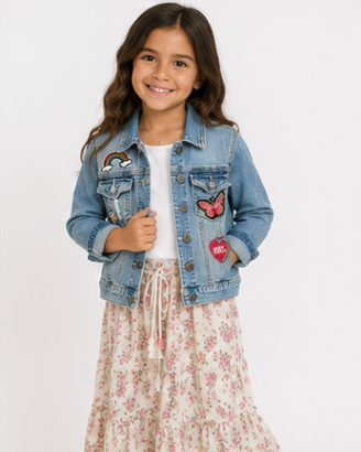 Young girl wearing a denim jacket with patches and a floral dress on a white background
