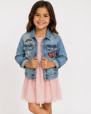 Young girl wearing a pink dress, denim jacket with patches, and brown boots on a white background