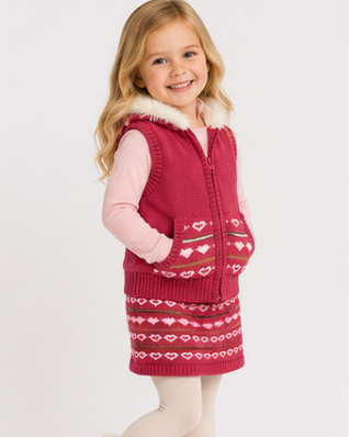 Young girl wearing a red patterned vest with white fur trim on a white background