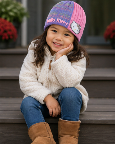 A young girl sitting on outdoor wooden steps wearing a pink and purple Hello Kitty beanie, a cream sherpa jacket, blue jeans, and tan boots.
