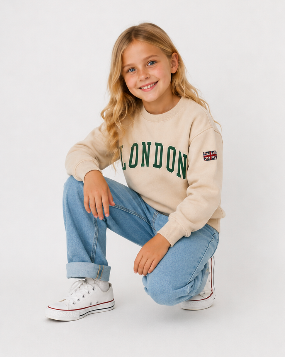 Young girl wearing a beige sweatshirt with 'London' text and blue jeans, sitting on the floor against a white background.