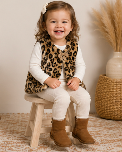 Child wearing a leopard print vest and brown boots sitting on a stool.