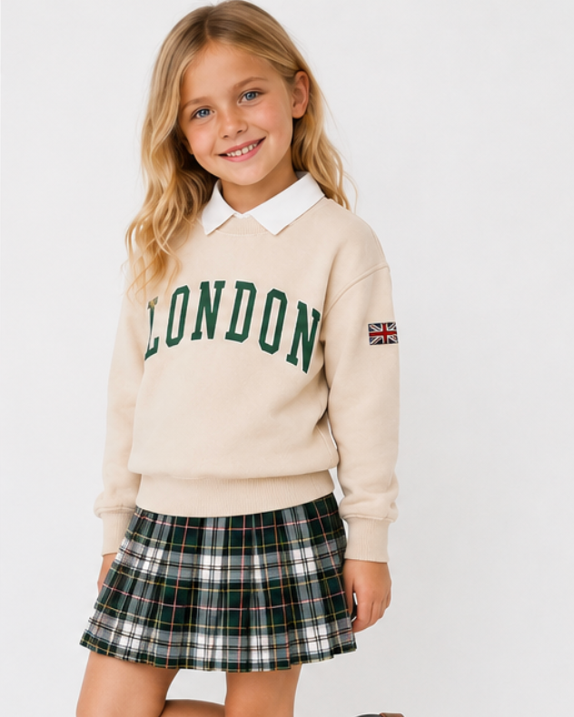 Young girl wearing a cream sweater with 'London' text and plaid skirt on a white background