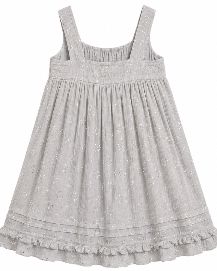 A light gray sleeveless dress with embroidered eyelet details, wide shoulder straps, and a ruffled hem, shown against a plain white background.