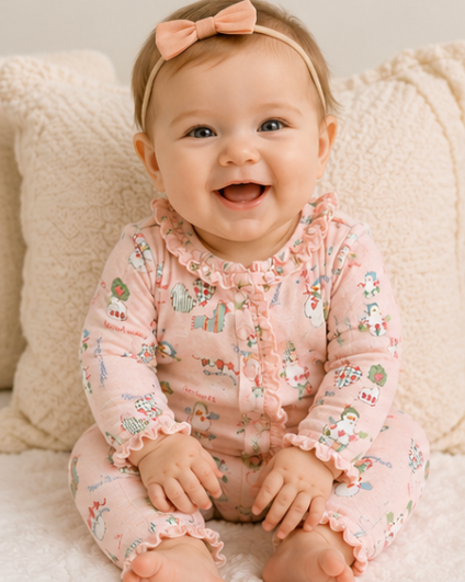 Baby wearing a pink floral outfit with ruffles, sitting on a soft surface.