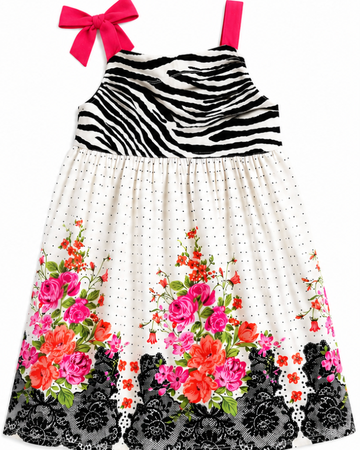 Children's dress with zebra pattern top and floral skirt on a white background