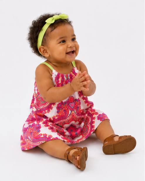 Baby girl in a colorful dress with a white background