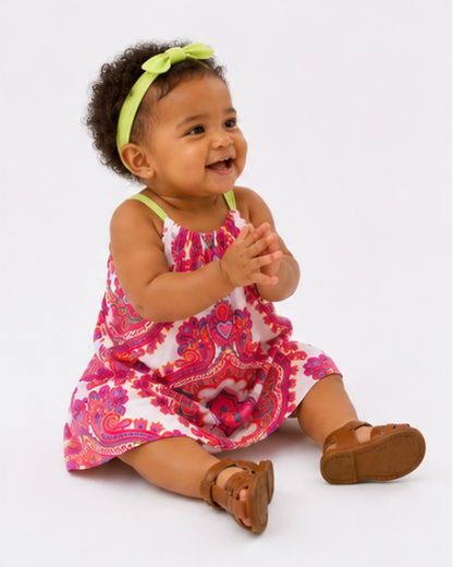 Baby girl in a colorful dress with a white background