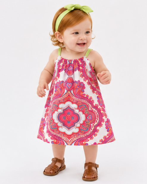Baby wearing a colorful dress with a white background