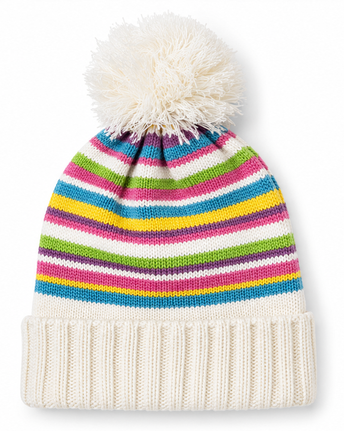 Colorful striped knit hat with a pom-pom on a white background