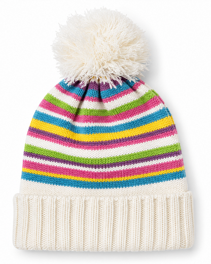 Colorful striped knit hat with a pom-pom on a white background
