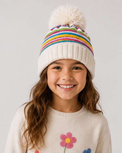 Child wearing a colorful striped beanie 