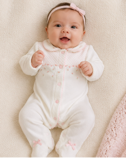 Baby in a white onesie with pink accents on a beige background