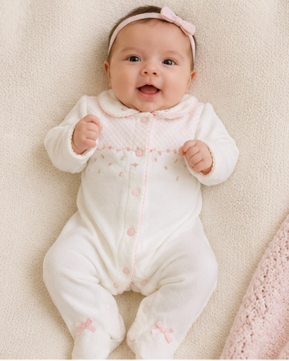Baby in a white onesie with pink accents on a beige background