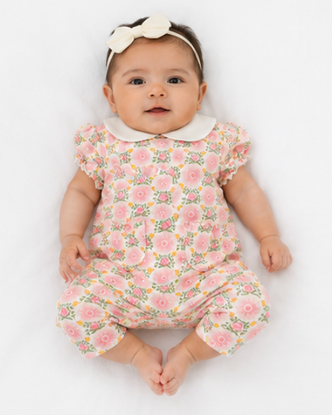 Baby wearing a floral outfit with a white headband on a light background