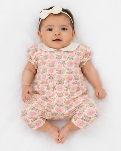 Baby wearing a floral outfit with a white headband on a light background
