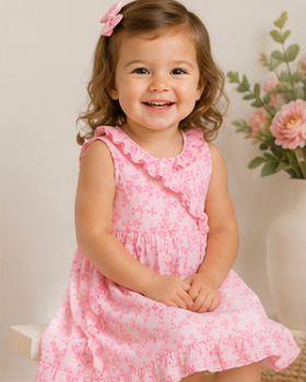 Child wearing a pink floral dress sitting on a wooden stool with a neutral background