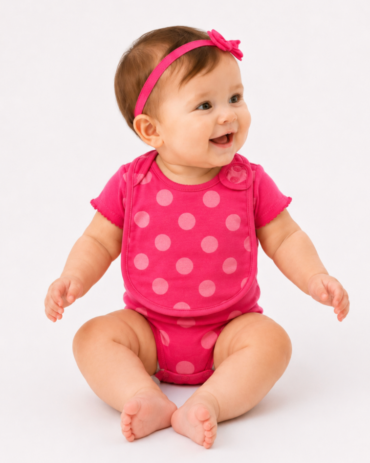Baby wearing a pink polka dot onesie and headband on a white background