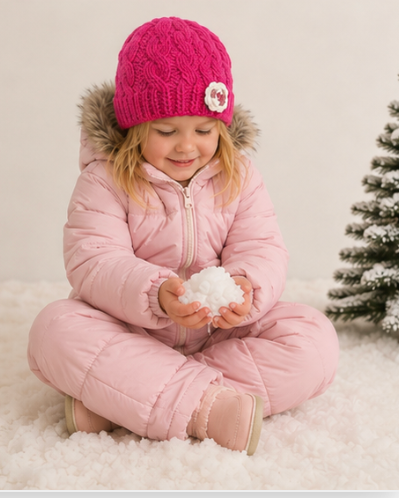 A young child sitting cross-legged on white faux fur, wearing a pink puffer snowsuit and a bright pink knit beanie with a white flower accent. The child is holding a clump of white snow, with a small snowy Christmas tree visible on the right against a warm off-white background.