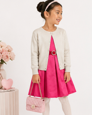 Young girl in a pink dress with a white cardigan and pink boots on a white background