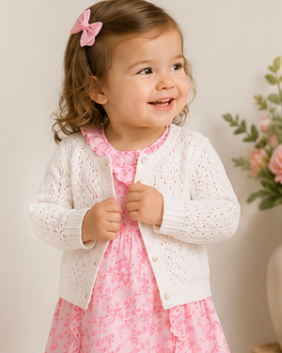 Young girl in a white lace cardigan and pink floral dress with a flower in her hair.