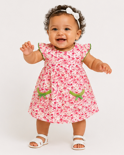 Baby wearing a pink floral dress with green accents on a white background