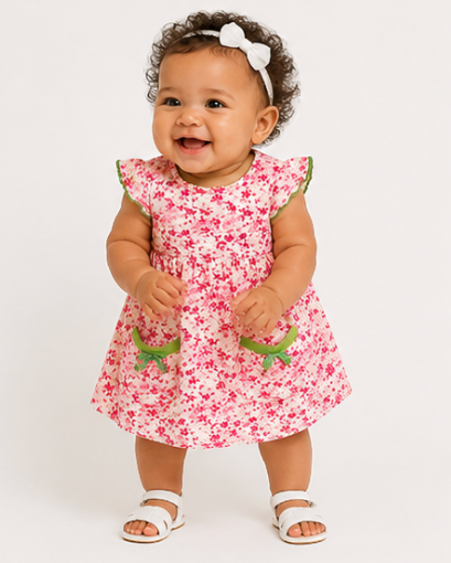 Baby wearing a pink floral dress with green accents on a white background