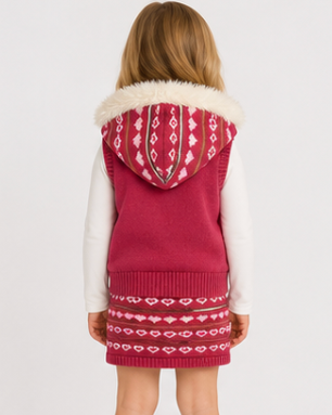 Child wearing a red patterned vest with a hood on a white background