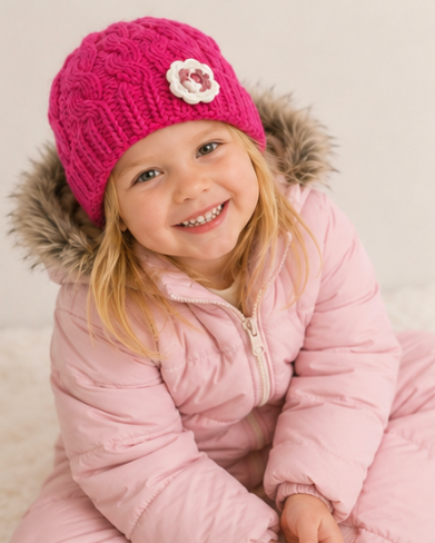 A young child wearing a bright pink cable-knit beanie with a white flower accent and a pink puffer jacket with a faux-fur hood, sitting against a soft cream background.