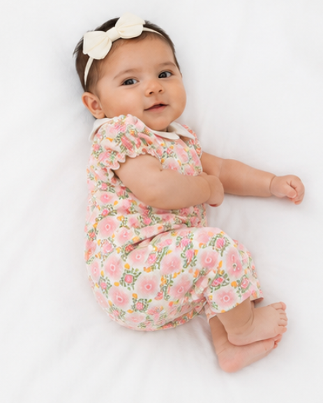Baby wearing a floral outfit and headband on a white background
