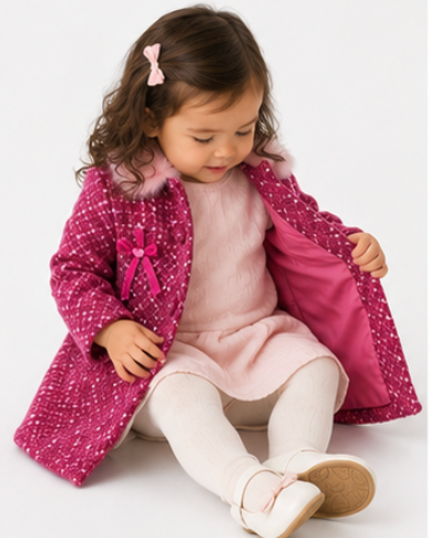 Child wearing a pink coat and dress sitting on a white background